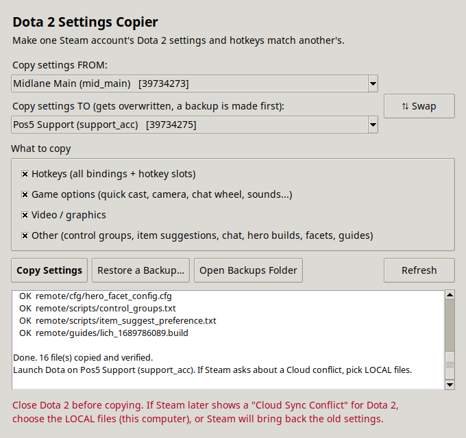 Log showing every settings file copied and verified