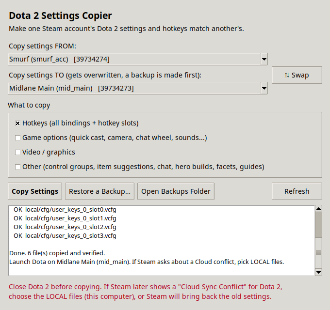 Only the Hotkeys box ticked, six hotkey files copied
