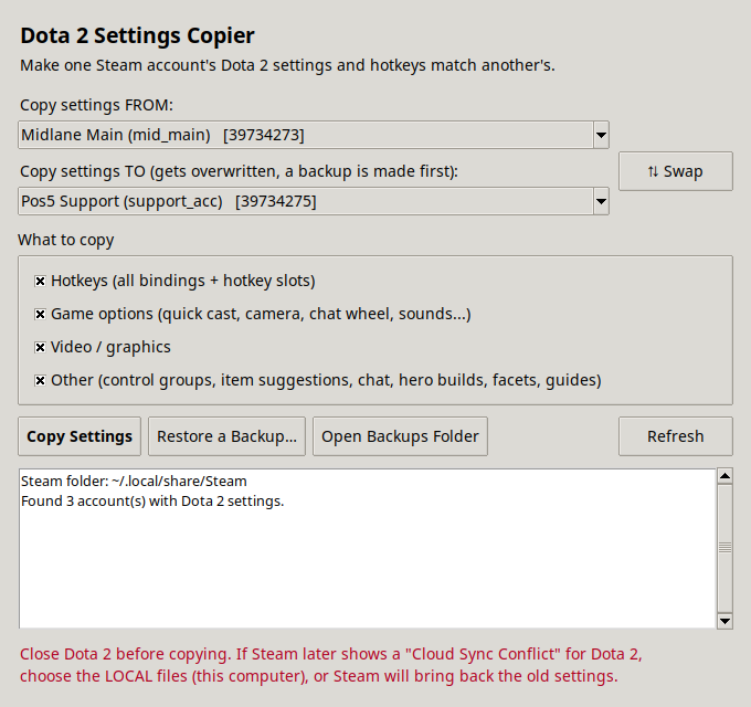 Dota 2 Settings Copier window with FROM and TO account pickers and checkboxes for hotkeys, game options, video and other settings